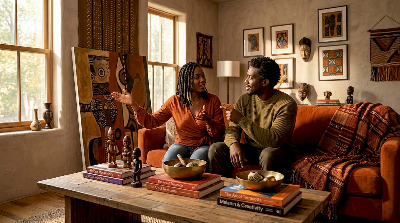 Couple positioning African art in modern living room