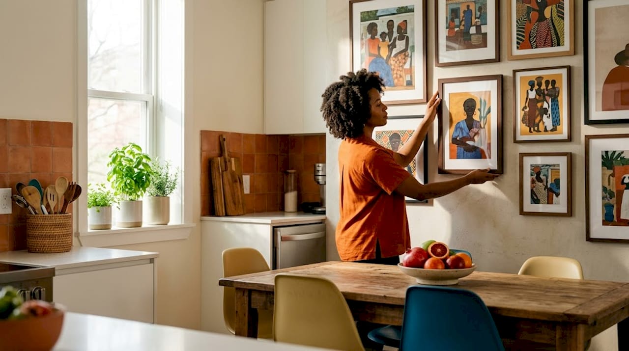 Woman arranging Afrocentric art prints in living room
