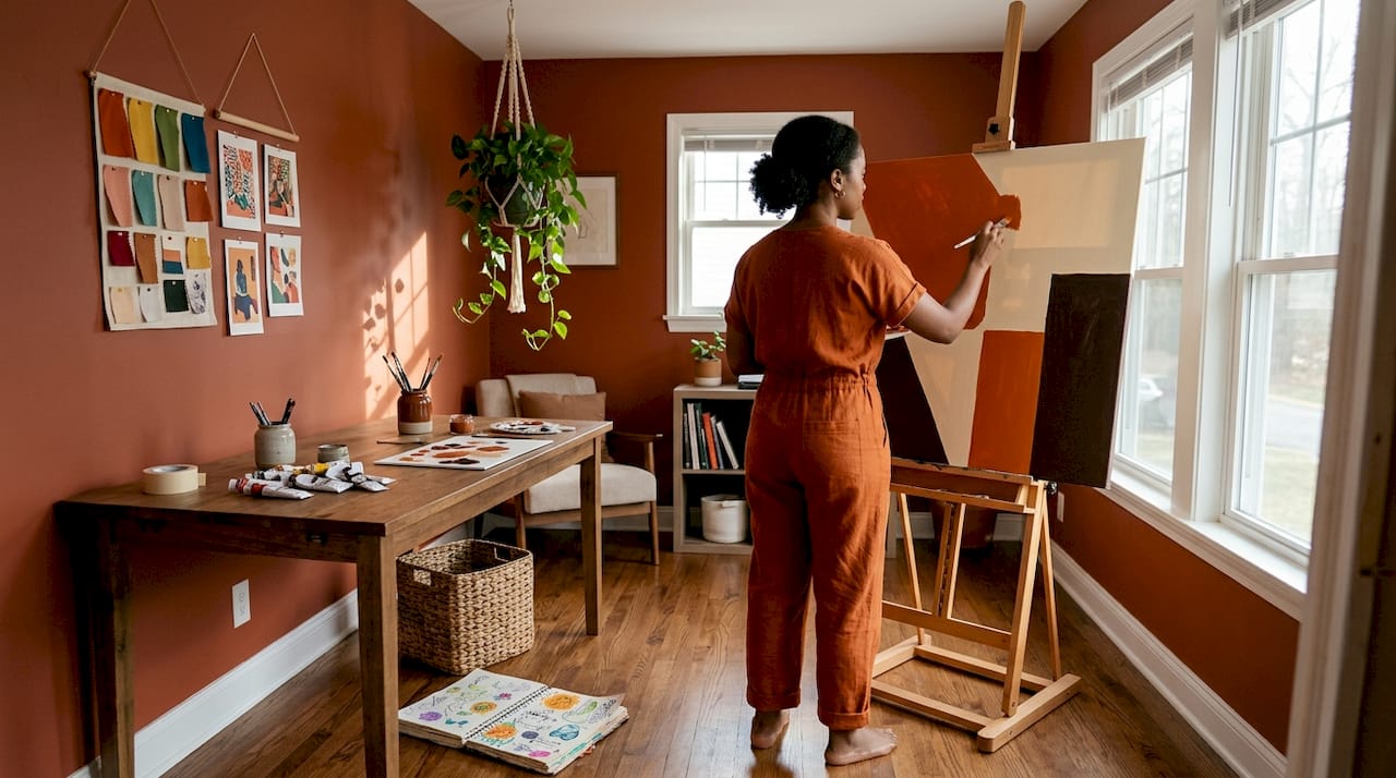 Artist creating abstract African painting in studio
