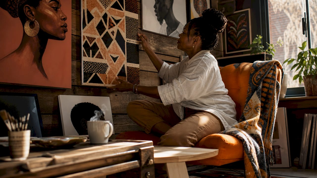 Woman assessing Black artwork in living room setting