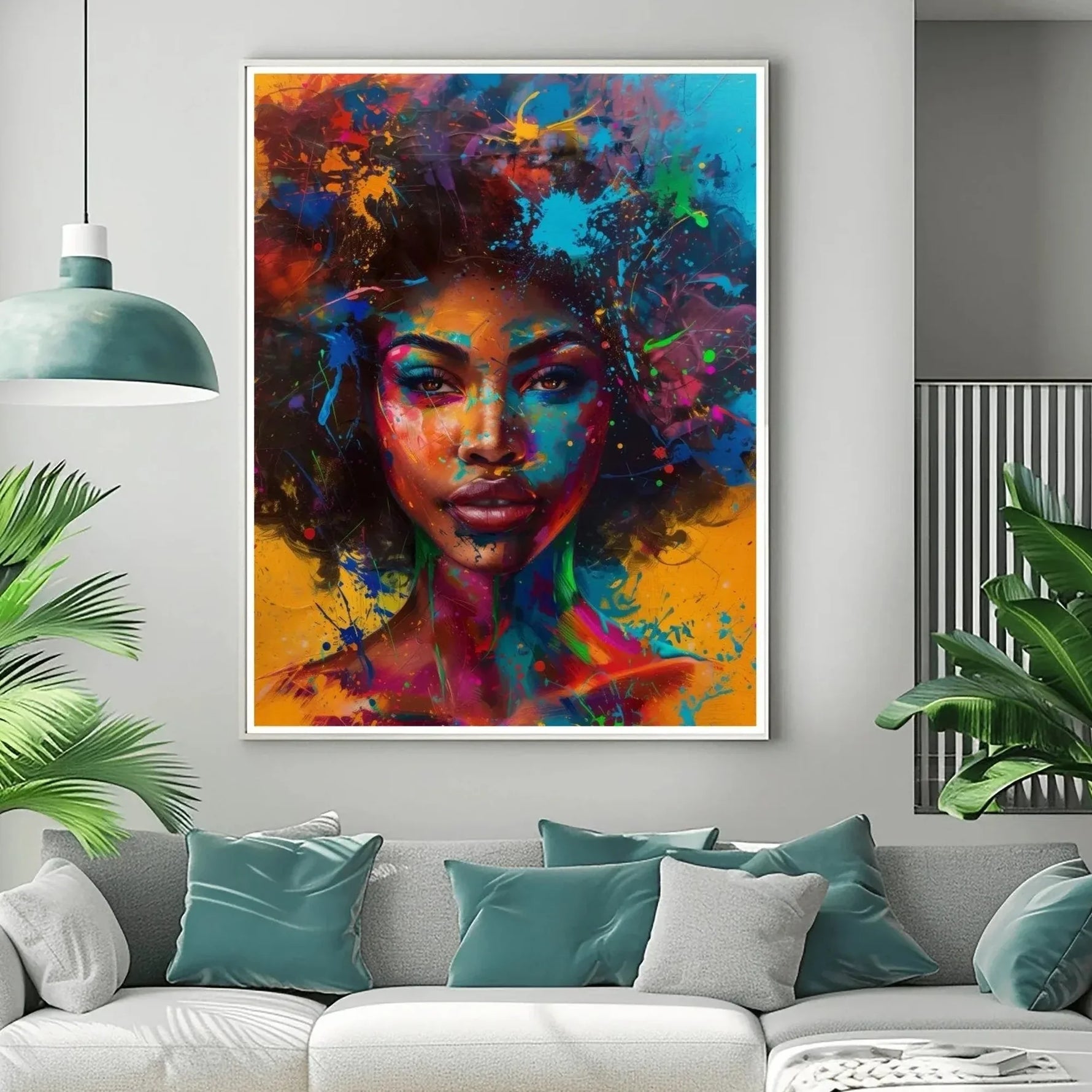 Modern African American art in modern coastal living room with light gray sofa and palm, splash-paint Black woman portrait. Digital mockup.