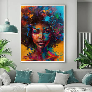 Modern African American art in modern coastal living room with light gray sofa and palm, splash-paint Black woman portrait. Digital mockup.