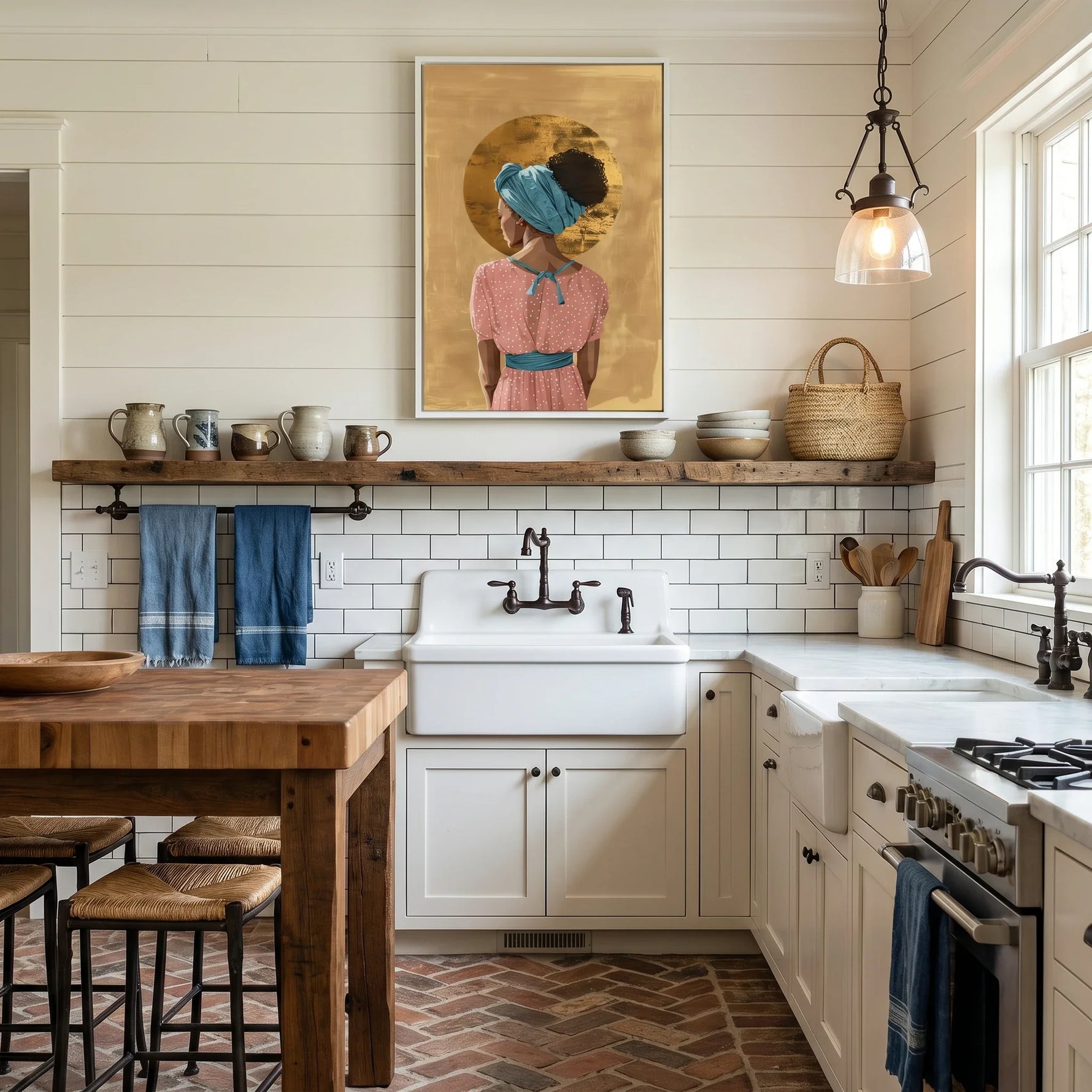 Boho Black girl wall art in kitchen with farmhouse kitchen, white shiplap, subway tile, apron sink, butcher block. Digital mockup.