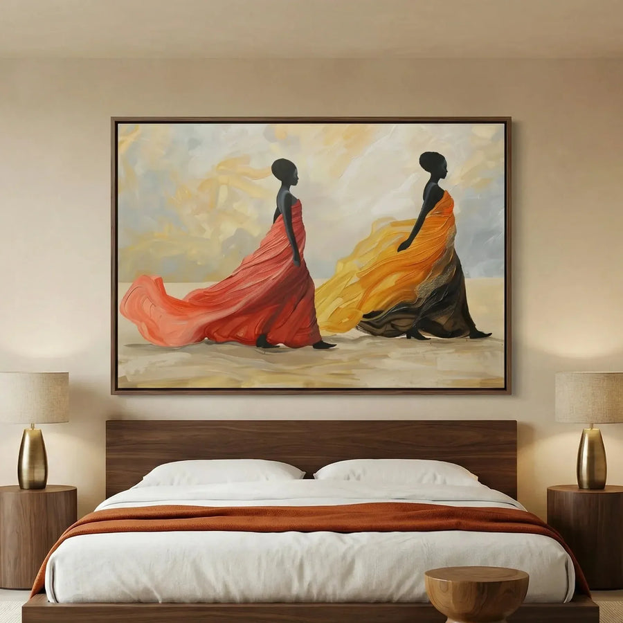 African American art for bedroom in modern bedroom with walnut platform bed and brass lamps, two regal Black women in gowns. Digital mockup.