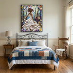 African American art in bedroom with Farmhouse bedroom with iron bed frame, patchwork quilt, and rocking chair. Digital mockup.