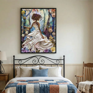 African American art for bedroom in vintage iron bed space with scrap quilt, paper-quilled Black girl in ball gown, abstract. Digital mockup.