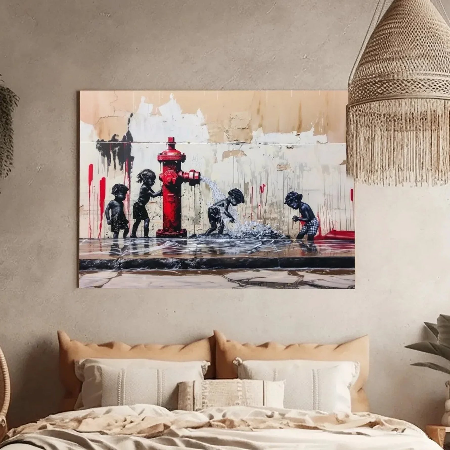 Black art for nursery walls in boho cocoon bedroom with hanging plant and woven basket, Black children with hydrant art. Digital mockup.