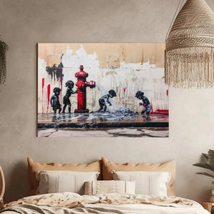 Black art for nursery walls in boho cocoon bedroom with hanging plant and woven basket, Black children with hydrant art. Digital mockup.