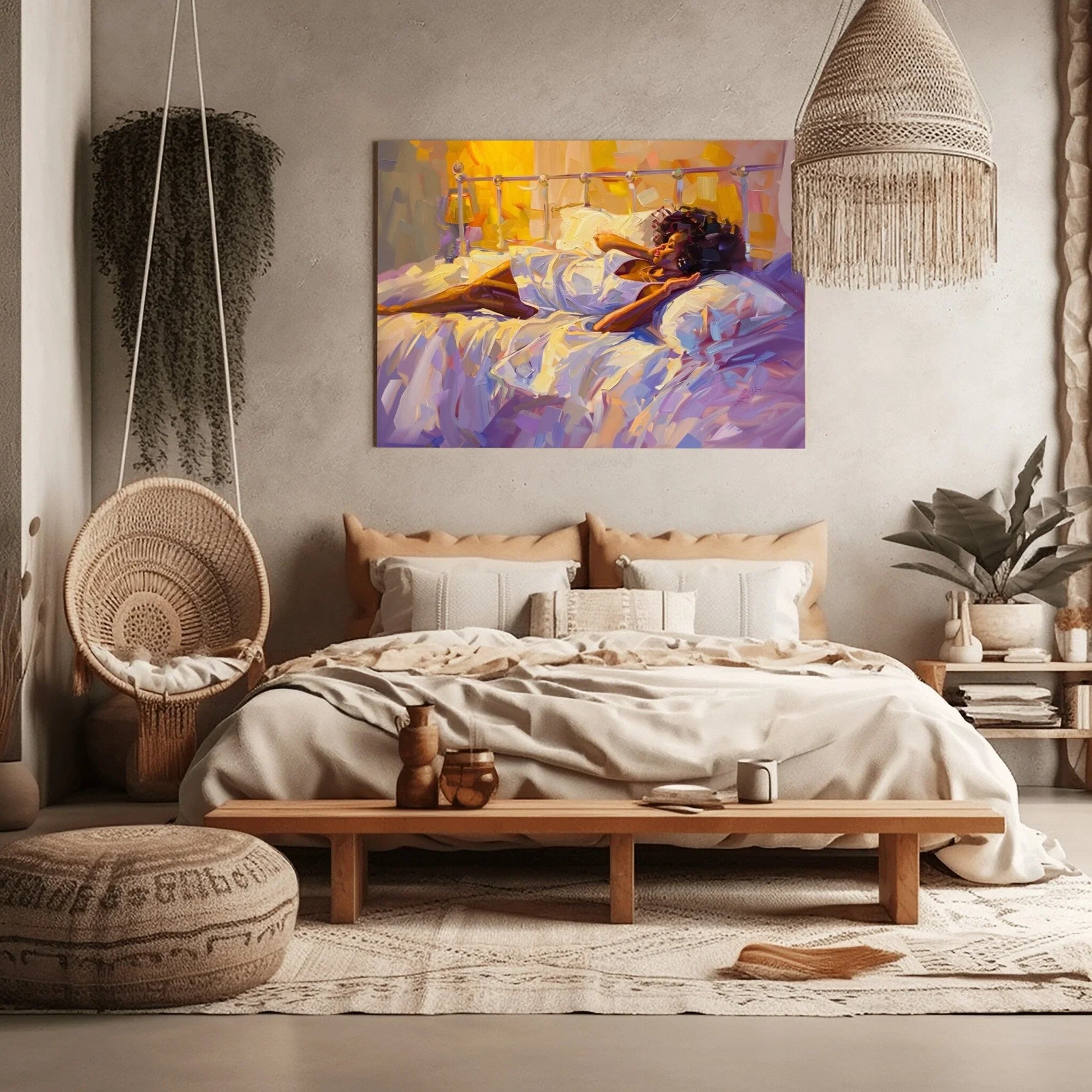 African American wall art in bedroom with Boho bedroom with hanging rattan chair, macrame pendant, and. Digital mockup.