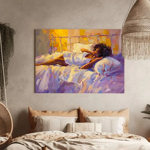 African American art for bedroom in boho scandi space with hanging plant and woven basket chair, Black woman art. Digital mockup.