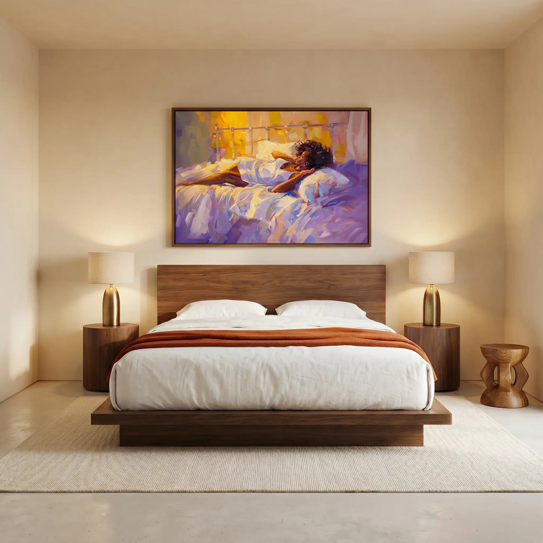 African American wall art in bedroom with Minimalist bedroom with walnut platform bed and warm lamp glow. Digital mockup.