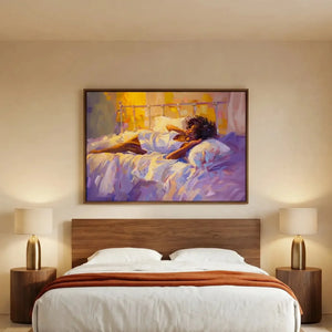 African American art for bedroom in modern style with walnut platform bed and brass lamps, Black woman portrait. Digital mockup.