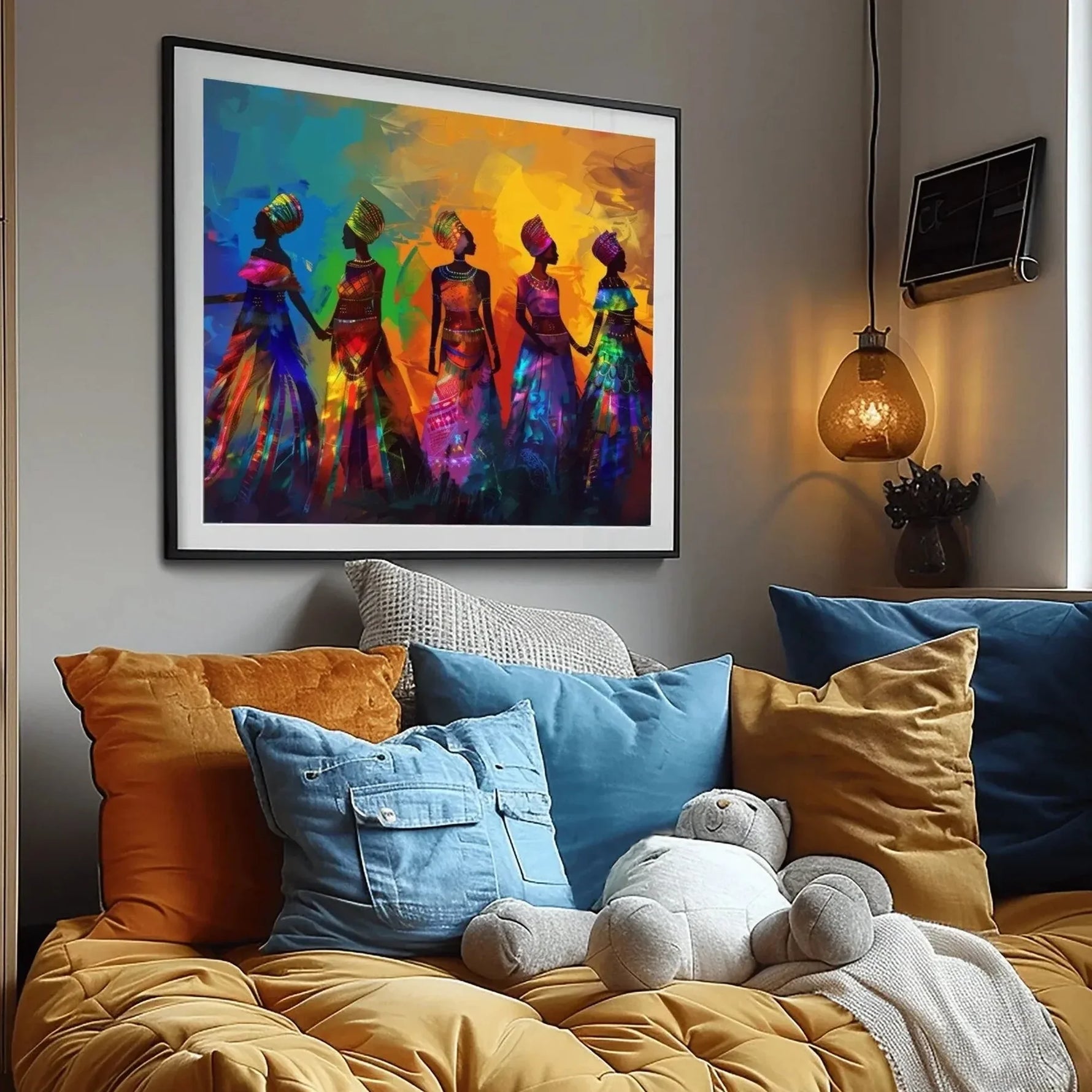 Black art for nursery walls in scandi reading nook with mustard cushion and teddy bear, colorful five tribal African women. Digital mockup.