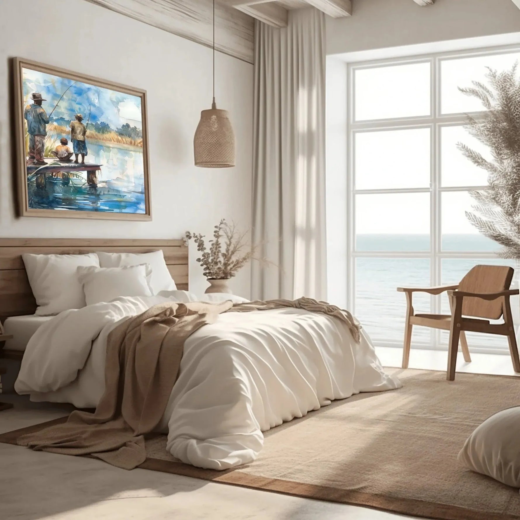 Lowcountry art in coastal bedroom with linen bedding and ocean view, Black men fishing on dock, watercolor. Digital mockup.