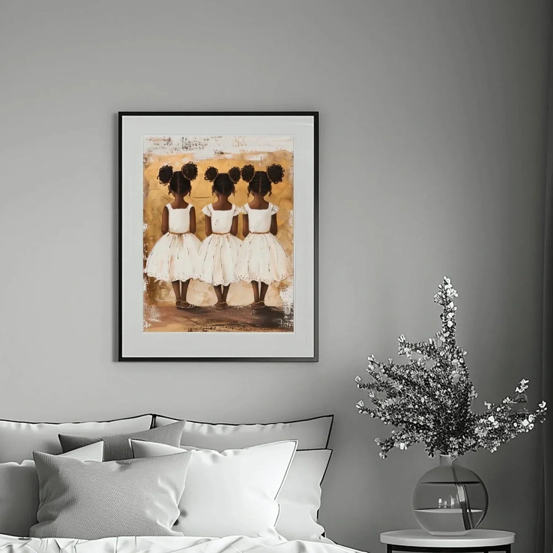 African American art for bedroom in modern gray bedroom with neutral bedding, three Black girl sisters art, painterly art. Digital mockup.