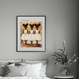 African American art for bedroom in modern gray bedroom with neutral bedding, three Black girl sisters art, painterly art. Digital mockup.