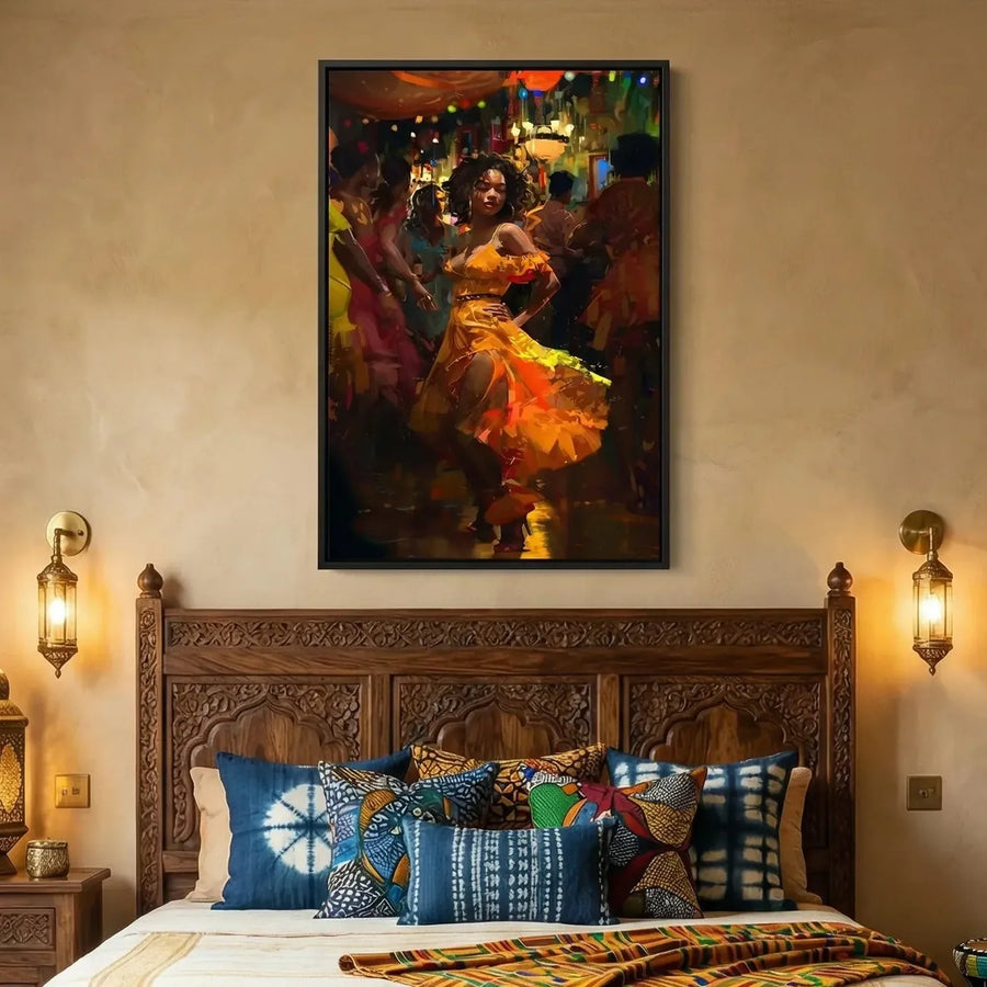 African American art for bedroom in vintage African bedroom with carved headboard, Black woman in orange dress dancing salsa. Digital mockup.