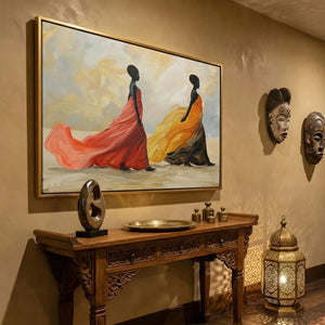 Afrocentric luxury home decor in Moroccan hallway with carved console and African masks, two regal Black women in gowns. Digital mockup.