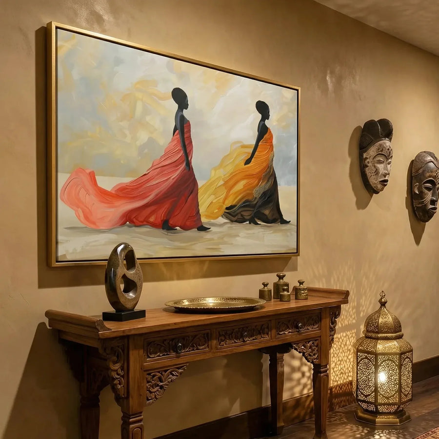 Afrocentric luxury home decor in Moroccan hallway with carved console and African masks, two regal Black women in gowns. Digital mockup.