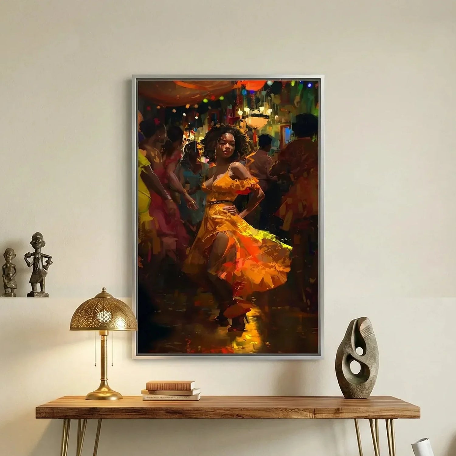 Modern Black art for apartment in modern hallway with walnut hairpin console and African statues, Black woman dancing salsa. Digital mockup.