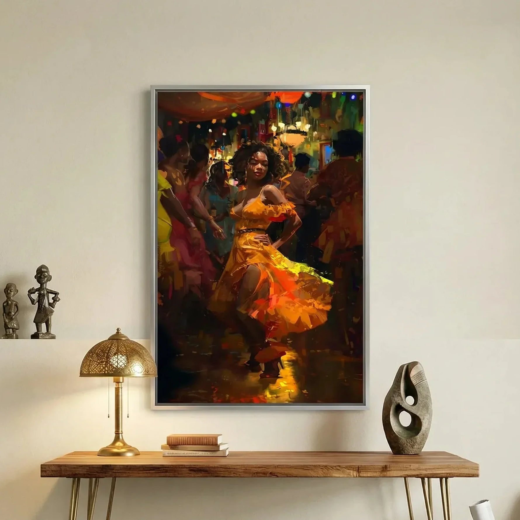 Modern Black art for apartment in modern hallway with walnut hairpin console and African statues, Black woman dancing salsa. Digital mockup.