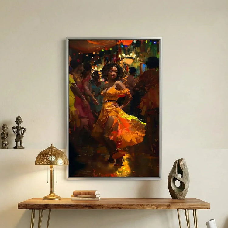 Modern Black art for apartment in modern hallway with walnut hairpin console and African statues, Black woman dancing salsa. Digital mockup.