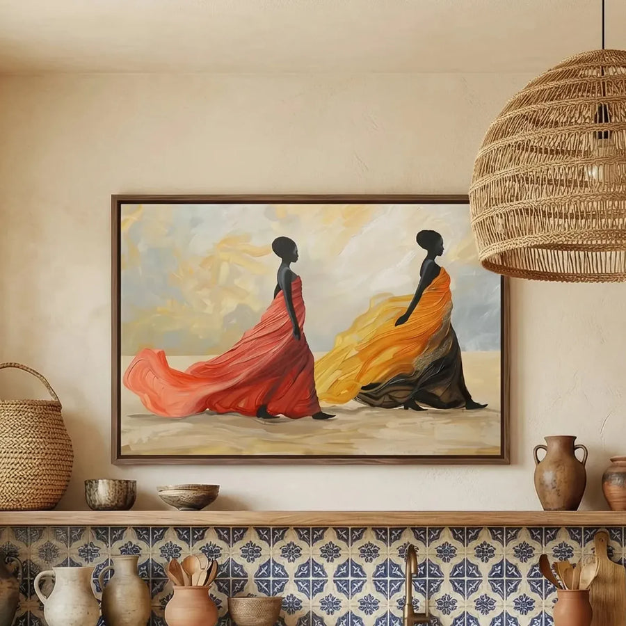 African American kitchen canvas in Mediterranean kitchen with blue Spanish tile, two regal Black women in flowing gowns. Digital mockup.