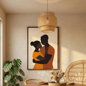African American dining room art in boho dining with peacock chair and monstera, minimalist Black couple embrace. Digital mockup.