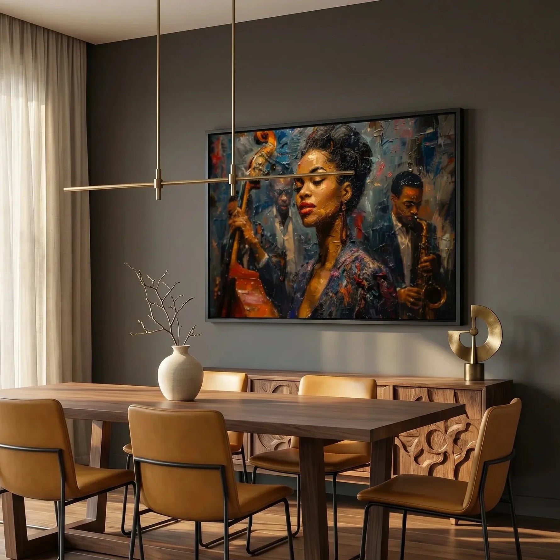 Urban Black aesthetic wall art in modern dining room with cognac chairs and dark walls, young Ella Fitzgerald art, abstract. Digital mockup.
