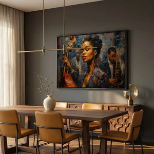 Urban Black aesthetic wall art in modern dining room with cognac chairs and dark walls, young Ella Fitzgerald art, abstract. Digital mockup.