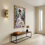 African American art in hallway with Minimalist cream hallway with bench, gold sconce, and narrow window, Large. Digital mockup.