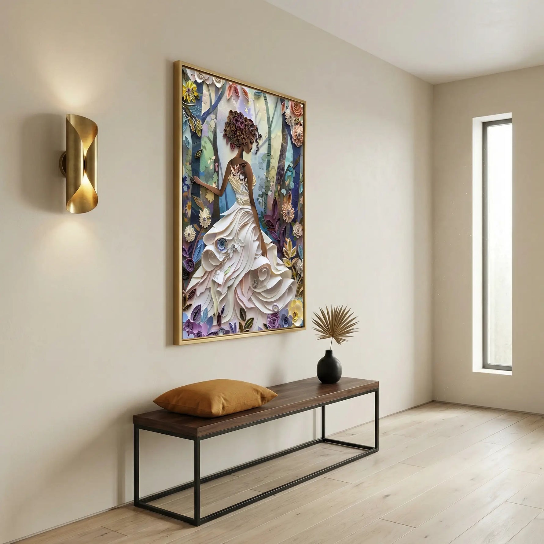 African American art in hallway with Minimalist cream hallway with bench, gold sconce, and narrow window, Large. Digital mockup.