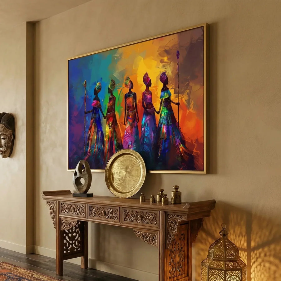Modern Black art for apartment in modern hallway with carved console and African masks, colorful five tribal African women. Digital mockup.