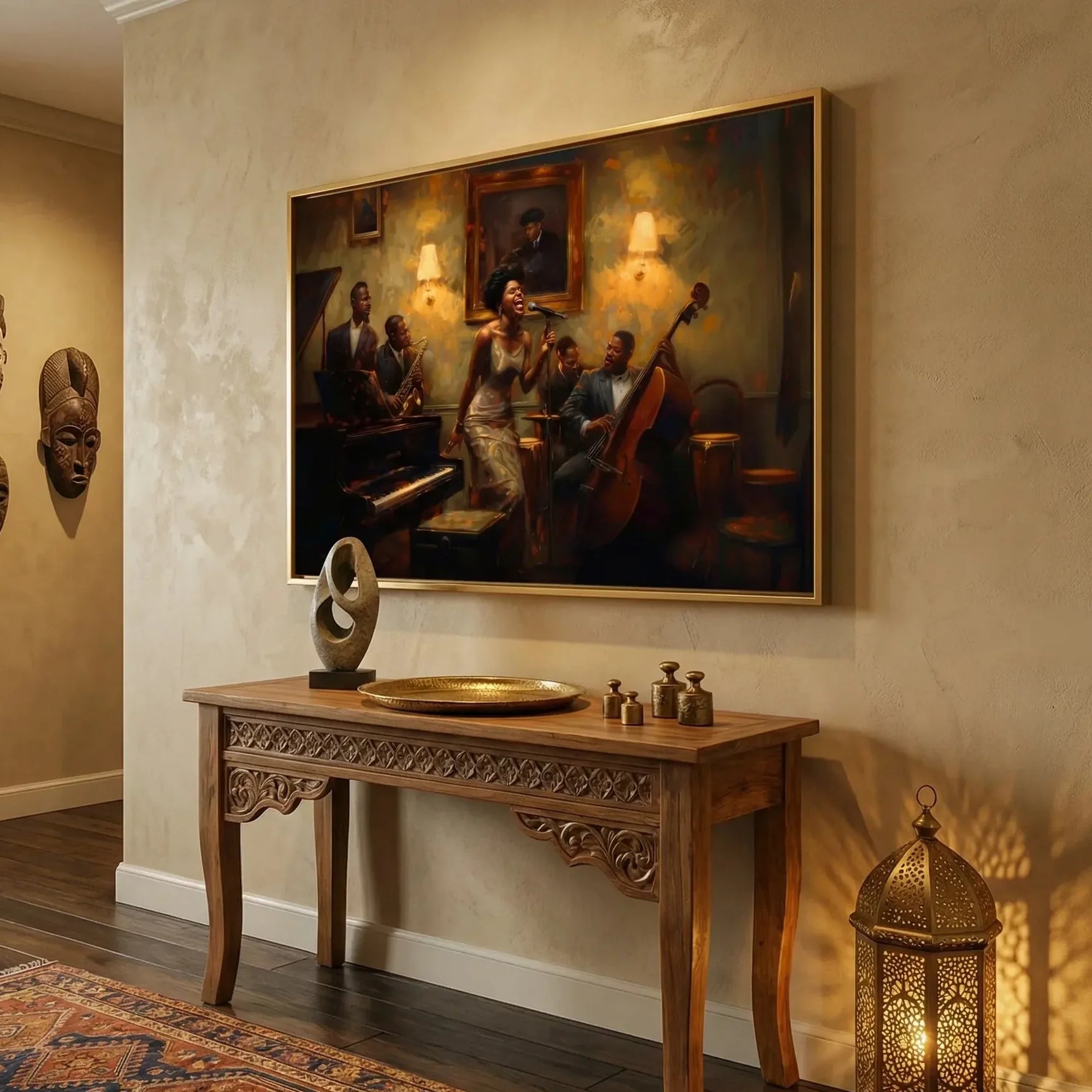 Afrocentric wall decor canvas in afrohemian hallway with African masks and Moroccan lantern, Harlem jazz scene, oil painting. Digital mockup.