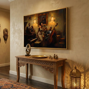 Afrocentric wall decor canvas in afrohemian hallway with African masks and Moroccan lantern, Harlem jazz scene, oil painting. Digital mockup.