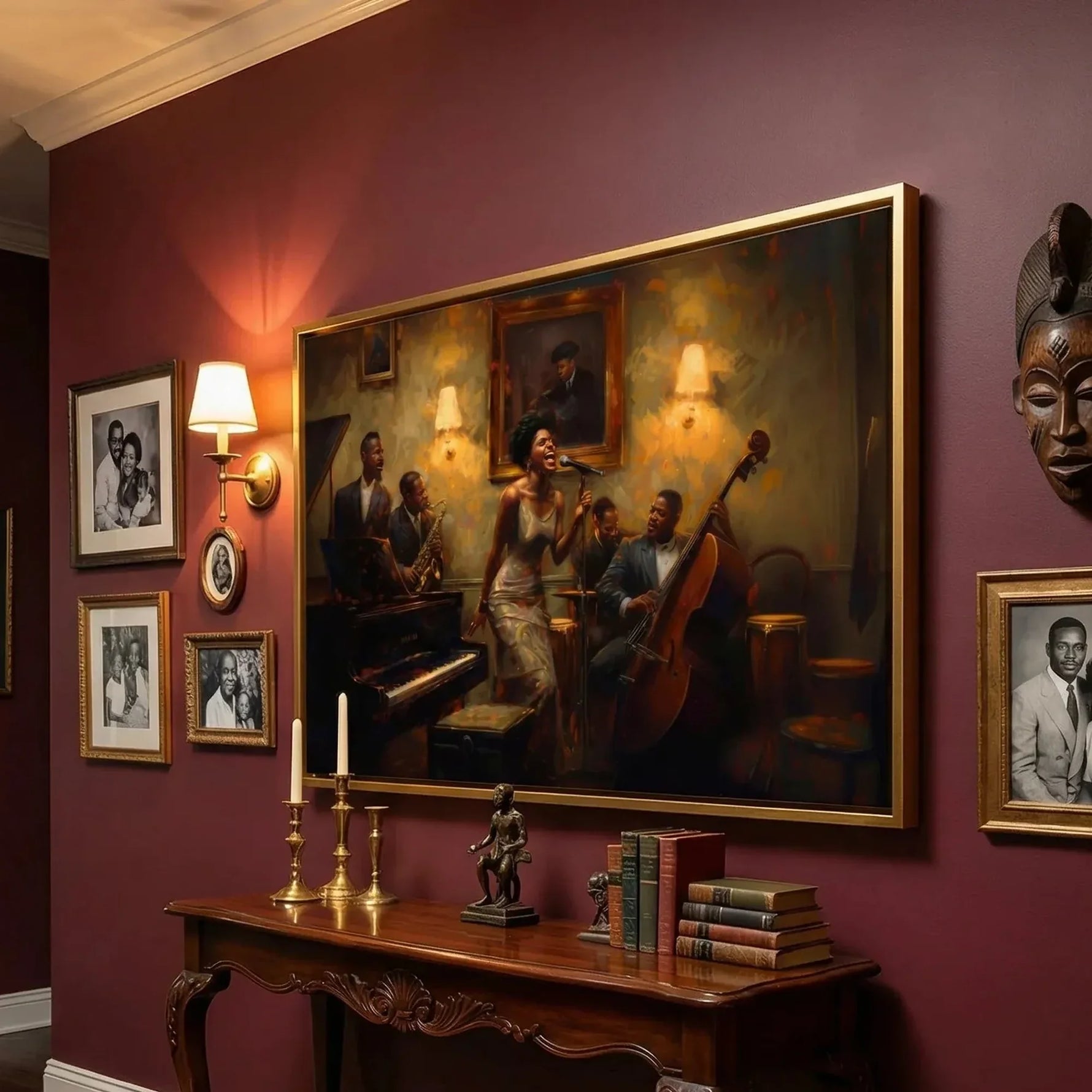 Heritage-inspired African American art on burgundy gallery wall with family photos, Harlem jazz singer scene, oil painting. Digital mockup.