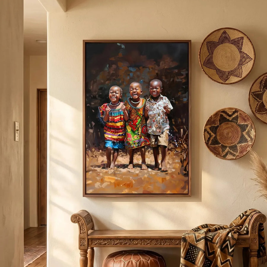 Afrohemian home decor wall art in boho hallway with woven African baskets and antique bench, three joyful African children. Digital mockup.