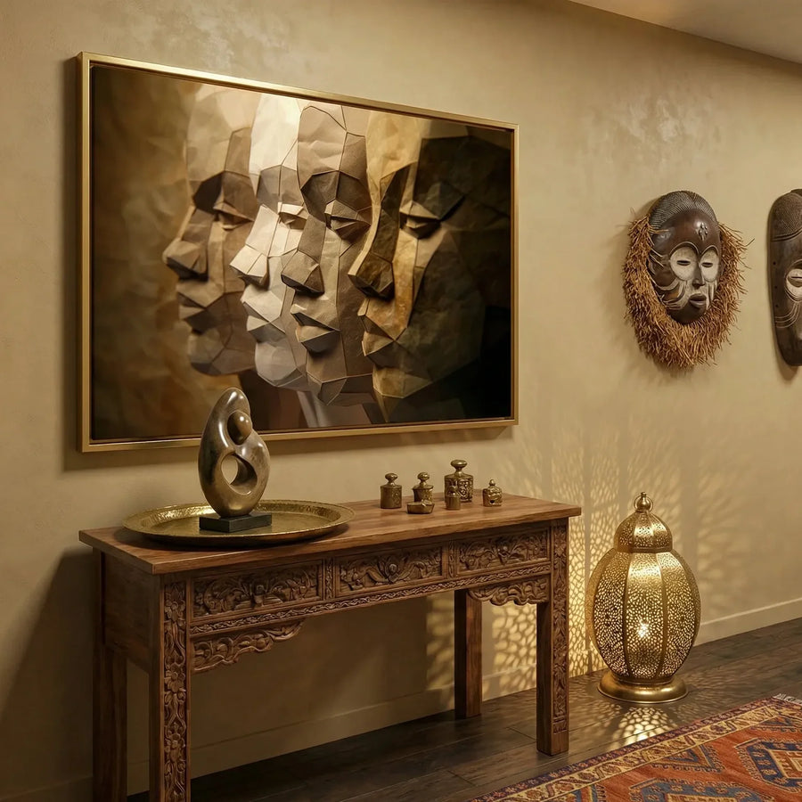 Afrocentric luxury home decor in Moroccan hallway with carved console and African masks, paper-craft Black men profiles. Digital mockup.