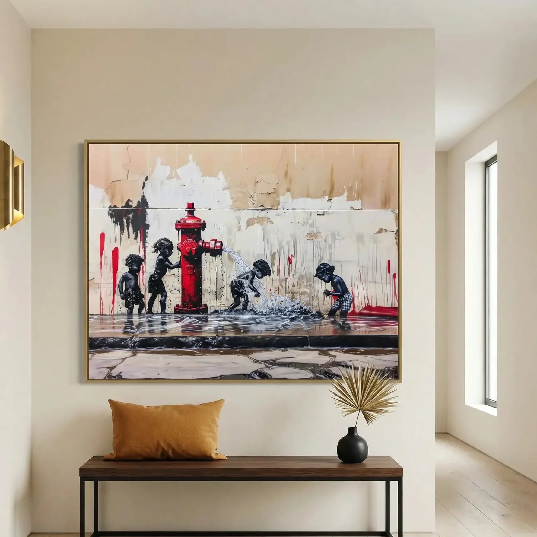 Modern Black art for apartment in minimalist hallway with brass sconce and walnut bench, Black children with fire hydrant. Digital mockup.