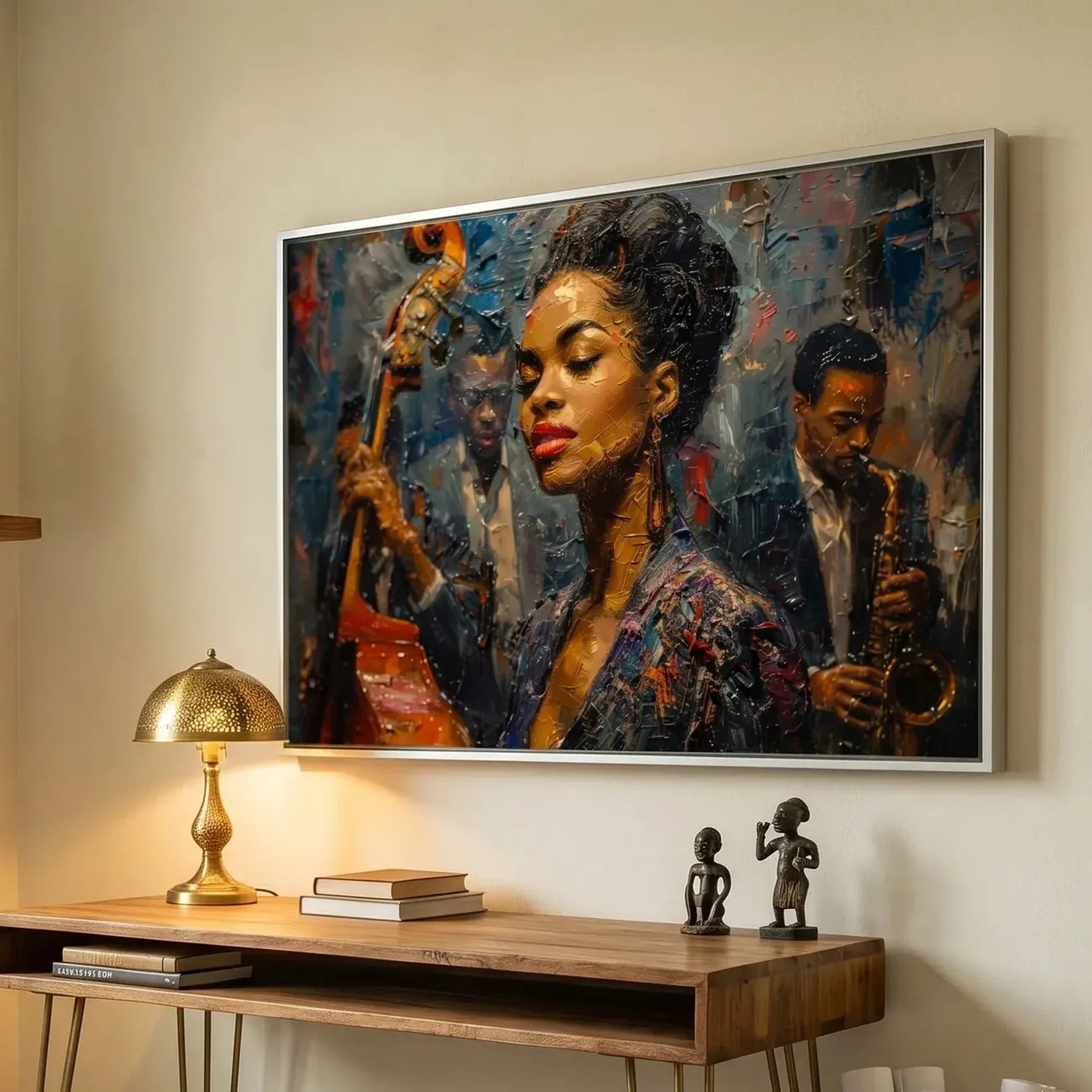 Confident Black woman office decor in modern home office with walnut desk and African statue, young Ella Fitzgerald art. Digital mockup.
