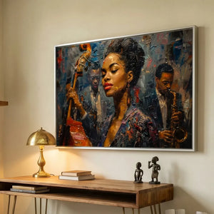 Confident Black woman office decor in modern home office with walnut desk and African statue, young Ella Fitzgerald art. Digital mockup.