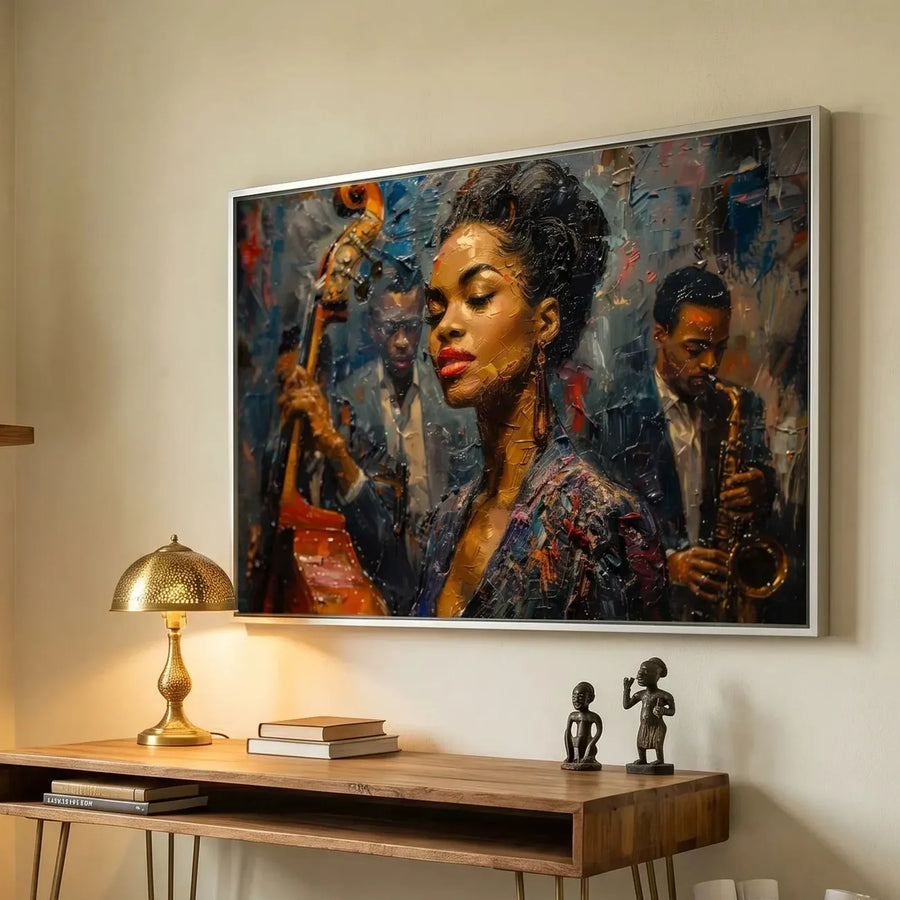 Confident Black woman office decor in modern home office with walnut desk and African statue, young Ella Fitzgerald art. Digital mockup.