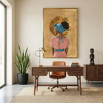 Afrohemian home decor wall art in home office with midcentury walnut desk, leather chair, snake plant, African figurine. Digital mockup.