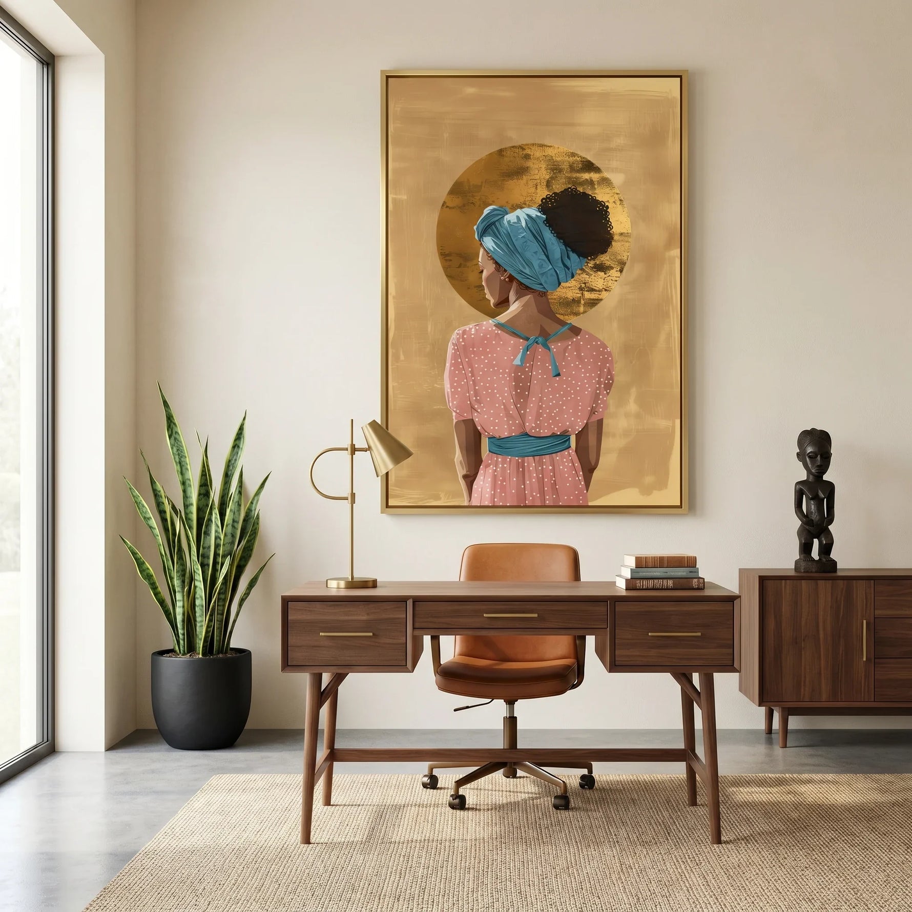 Afrohemian home decor wall art in home office with midcentury walnut desk, leather chair, snake plant, African figurine. Digital mockup.