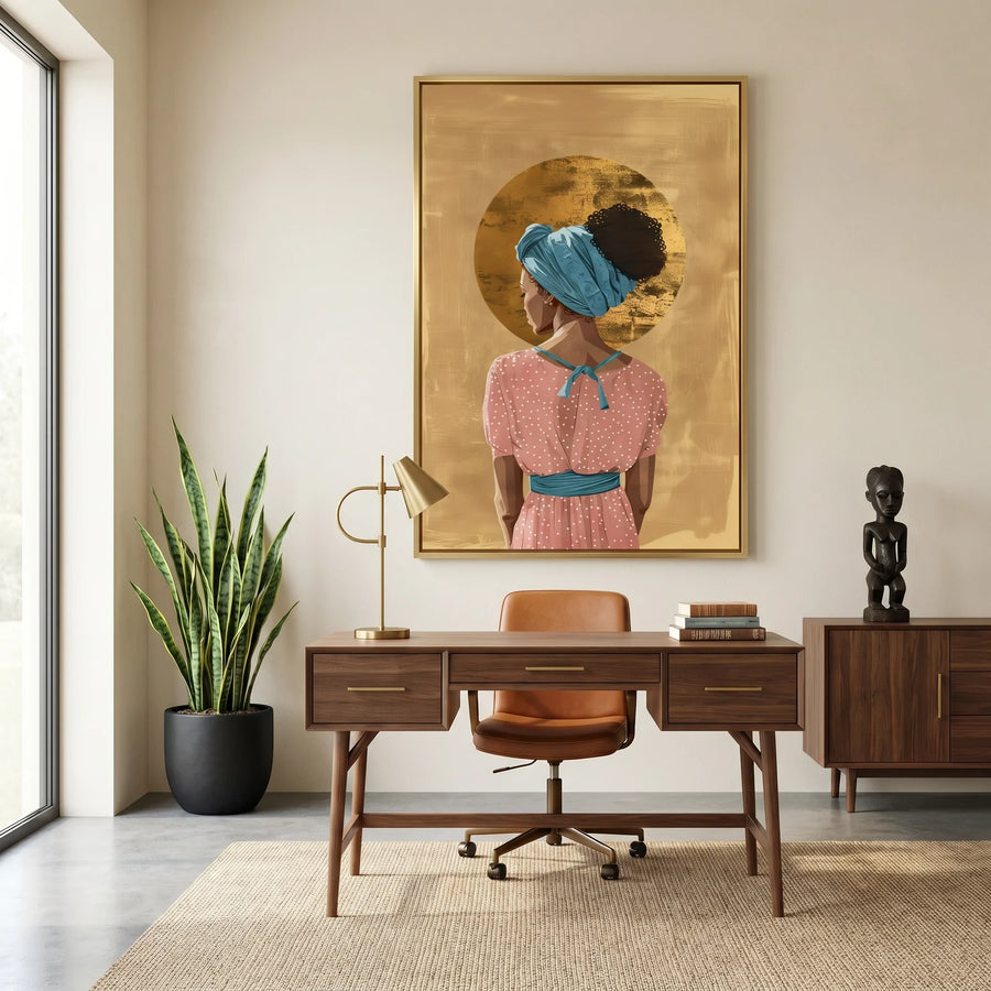 Afrohemian home decor wall art in home office with midcentury walnut desk, leather chair, snake plant, African figurine. Digital mockup.
