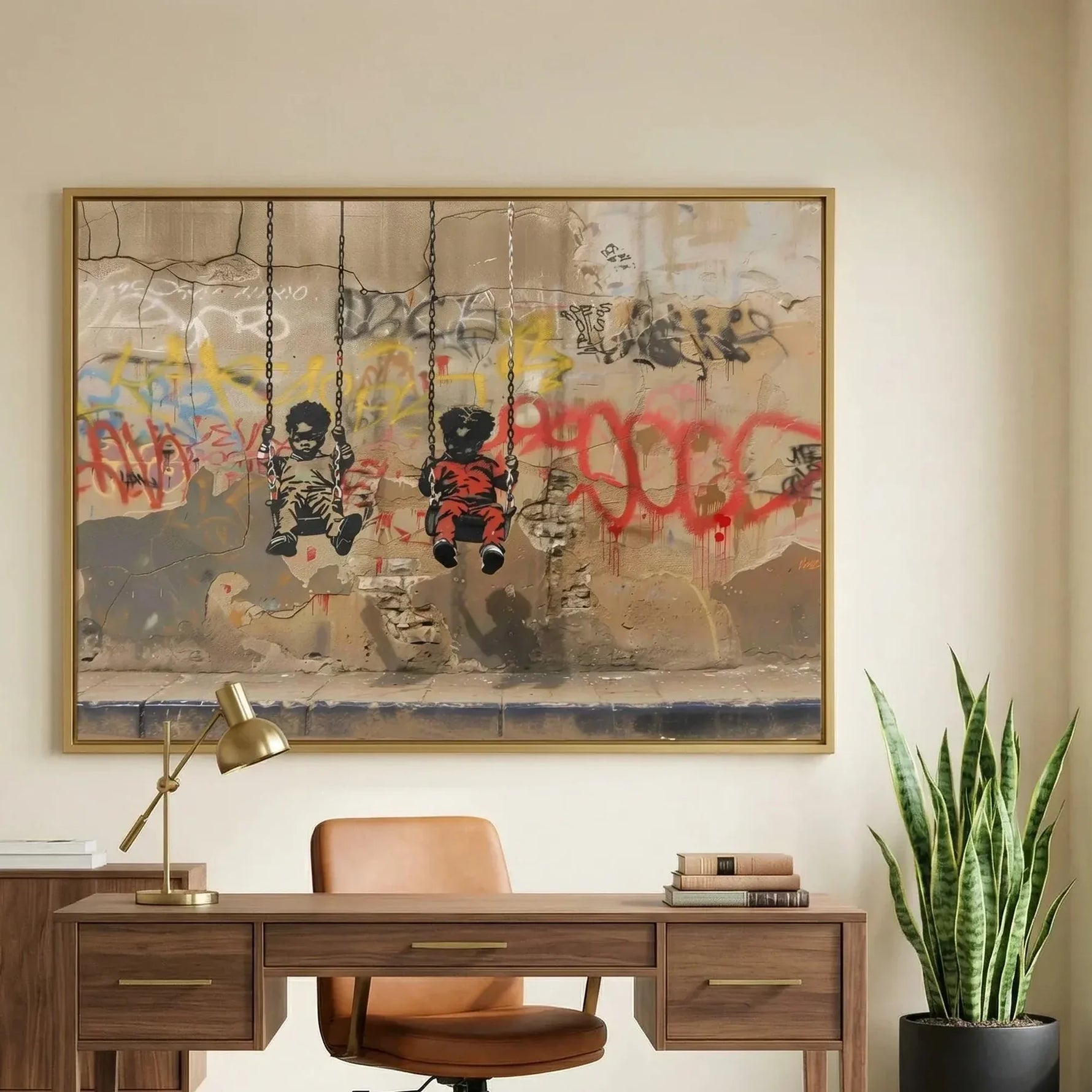 Modern Afro art for office in mid-century workspace with walnut desk and snake plant, Black boys on swings stencil. Digital mockup.