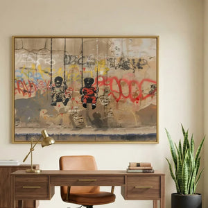 Modern Afro art for office in mid-century workspace with walnut desk and snake plant, Black boys on swings stencil. Digital mockup.
