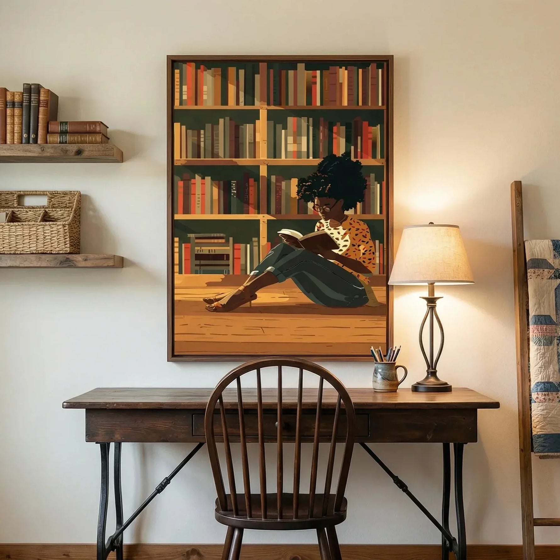 Black home office art in vintage farmhouse study with iron desk and Windsor chair, illustrated Black girl reading library. Digital mockup.