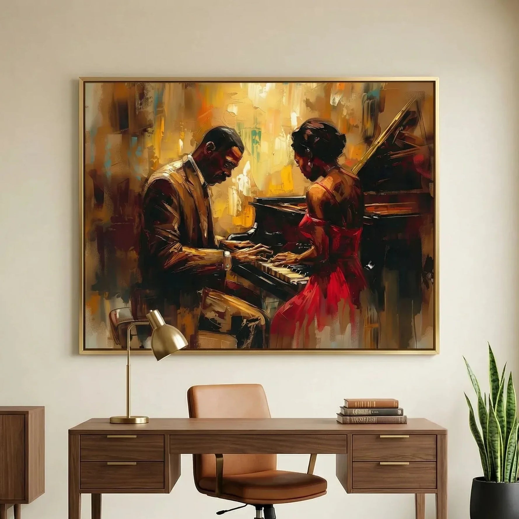 Modern Afro art for office in mid-century workspace with walnut desk and African mask sculpture, Black couple piano. Digital mockup.