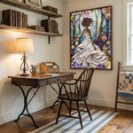 African American art in home office with rustic home office wood desk Windsor chair floating shelves books lamp. Digital mockup.